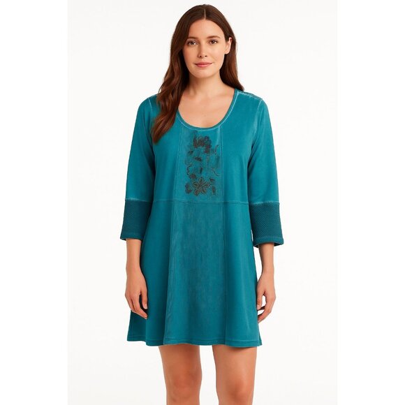Soft Surroundings Teal Embroidered Beaded Tunic Dress Large‎ Boho Luxe - Picture 1 of 10